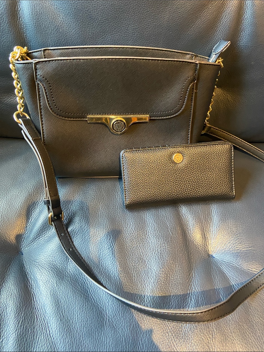 Anne Klein Black Crossbody Bag with Matching Wallet and Gold Hardware